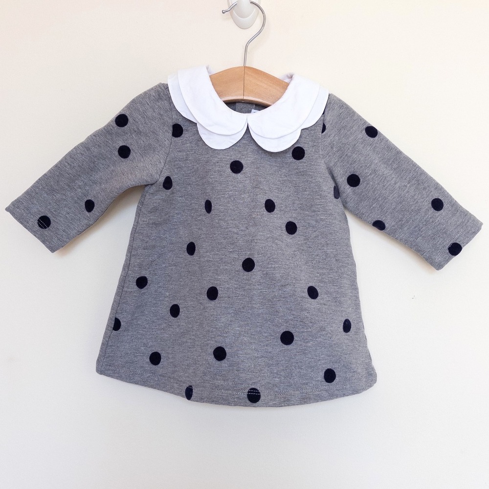 Jacadi Paris Polka Dot Dress Grey Peter Pan Collar Long Sleeve Baby 6 Months